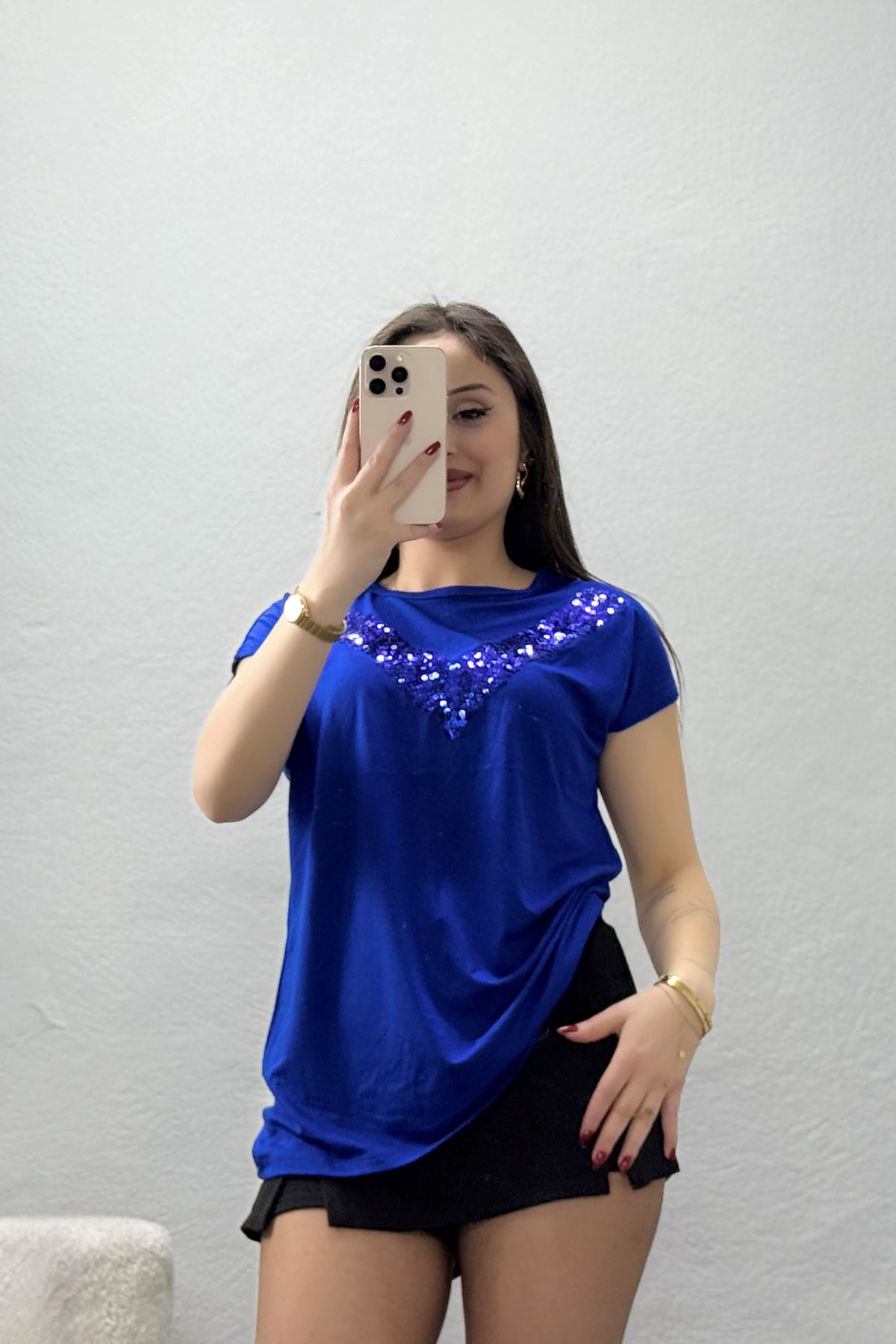 Yaka Pul İşlemeli Viskon Bluz Saks - 70647.599.