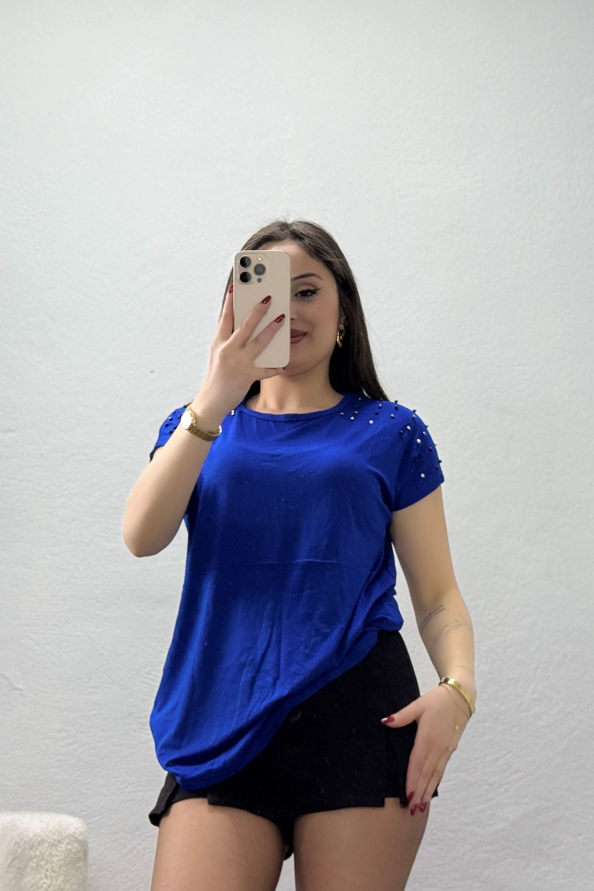 Omuz İncili Viskon Bluz Saks - 70750.599.