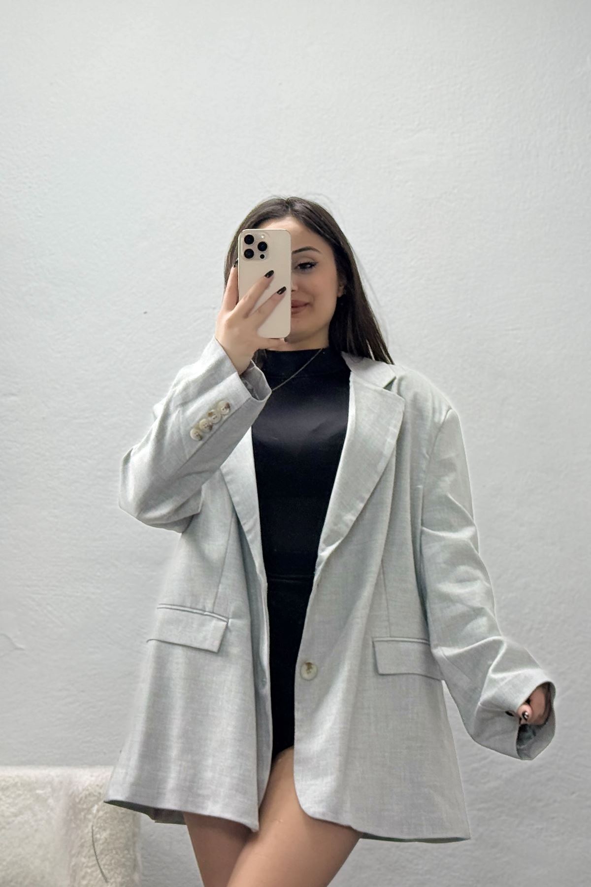 Poliviskon Oversize Astarlı Blazer Ceket Gri - 71117.1437.