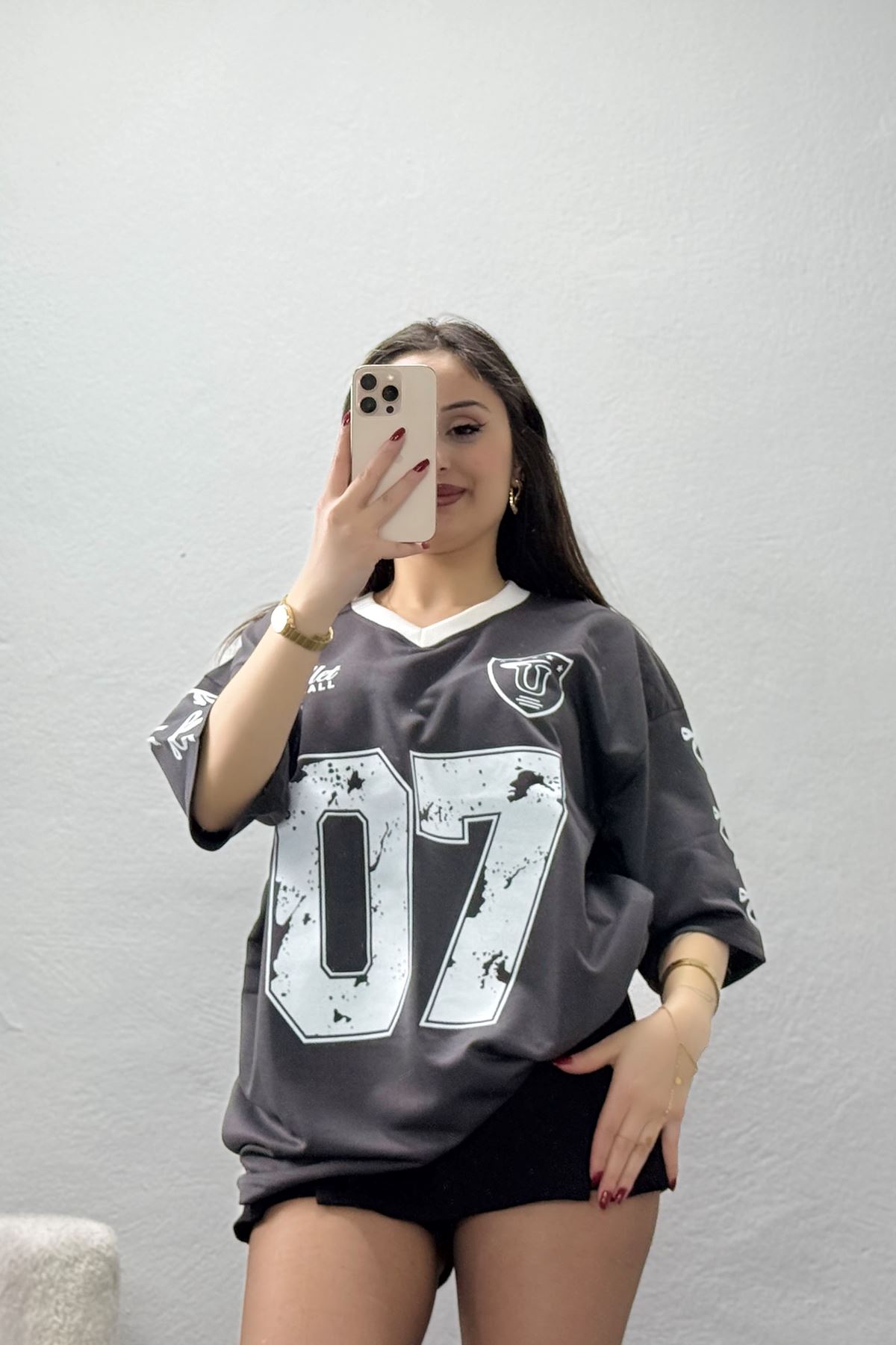 V Yaka Oversize 2 İplik Forma Tişört Antrasit - 88103.1878.