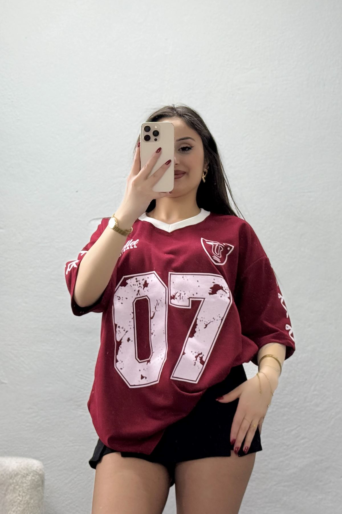 V Yaka Oversize 2 İplik Forma Tişört Bordo - 88103.1878.