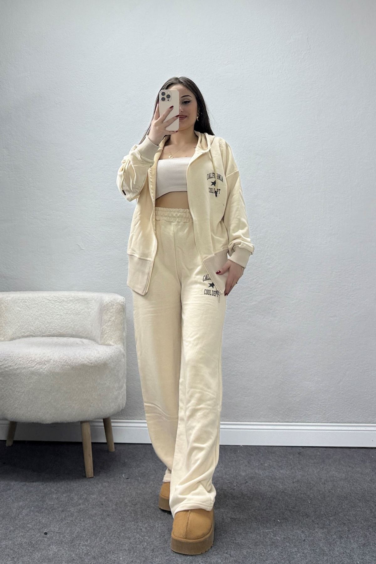 3 İplik Şardonsuz Eşofman Takım Krem - 52094.1878.