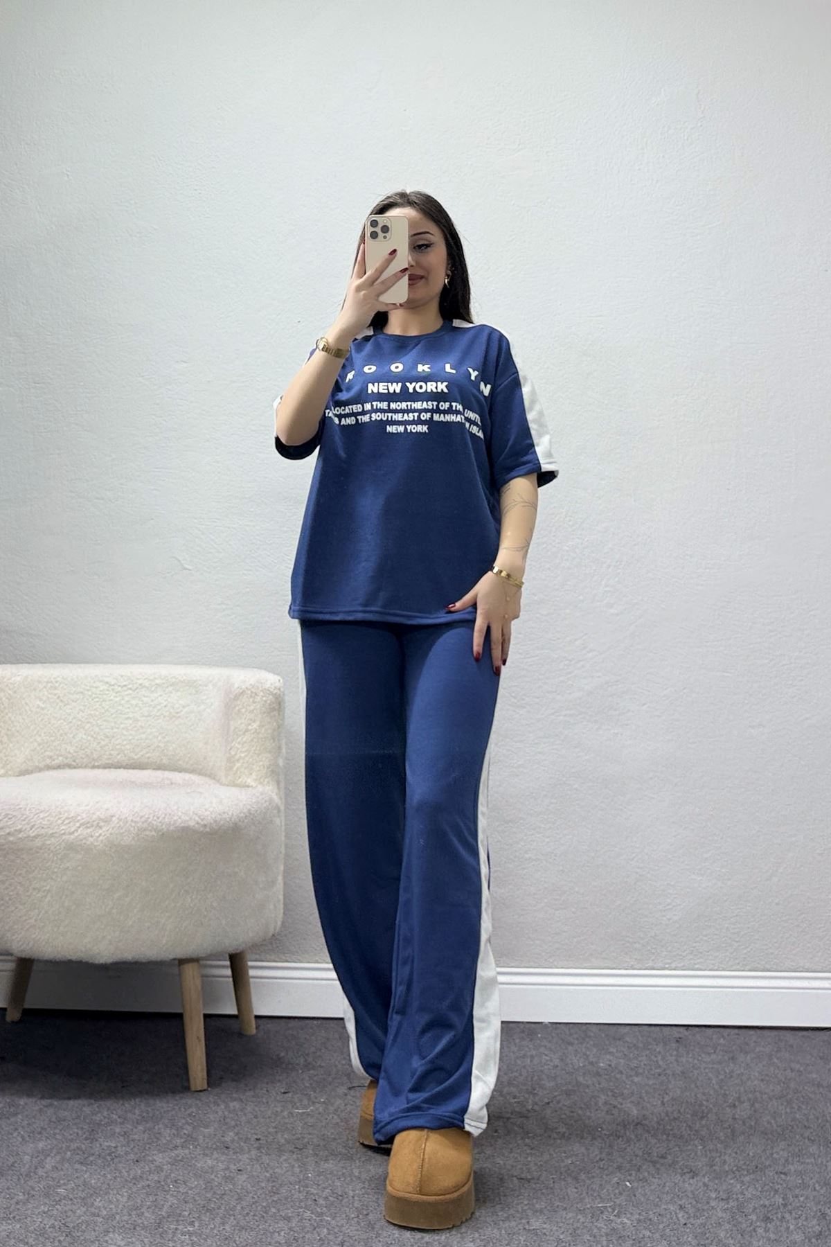 2 İplik Şeritli Baskılı Eşofman Takımı İndigo - 52264.1005.