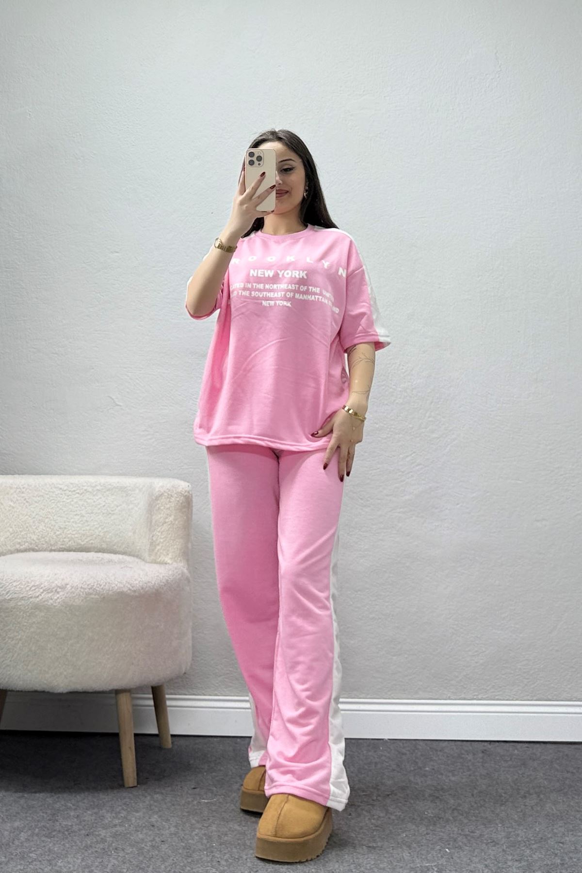 2 İplik Şeritli Baskılı Eşofman Takımı Pembe - 52264.1005.