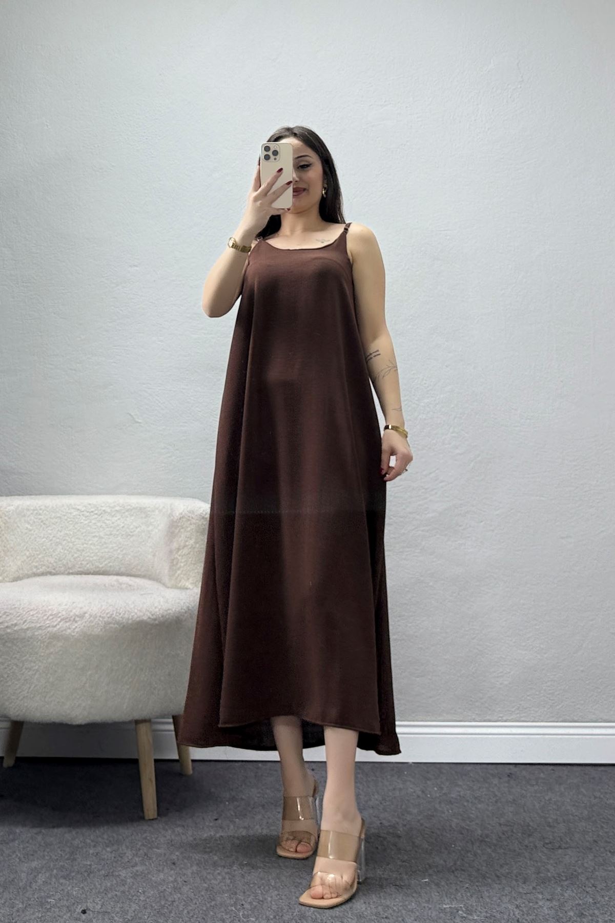 İp Askılı Ayrobin Kumaş Elbise Acıkahve - 71288.2118.