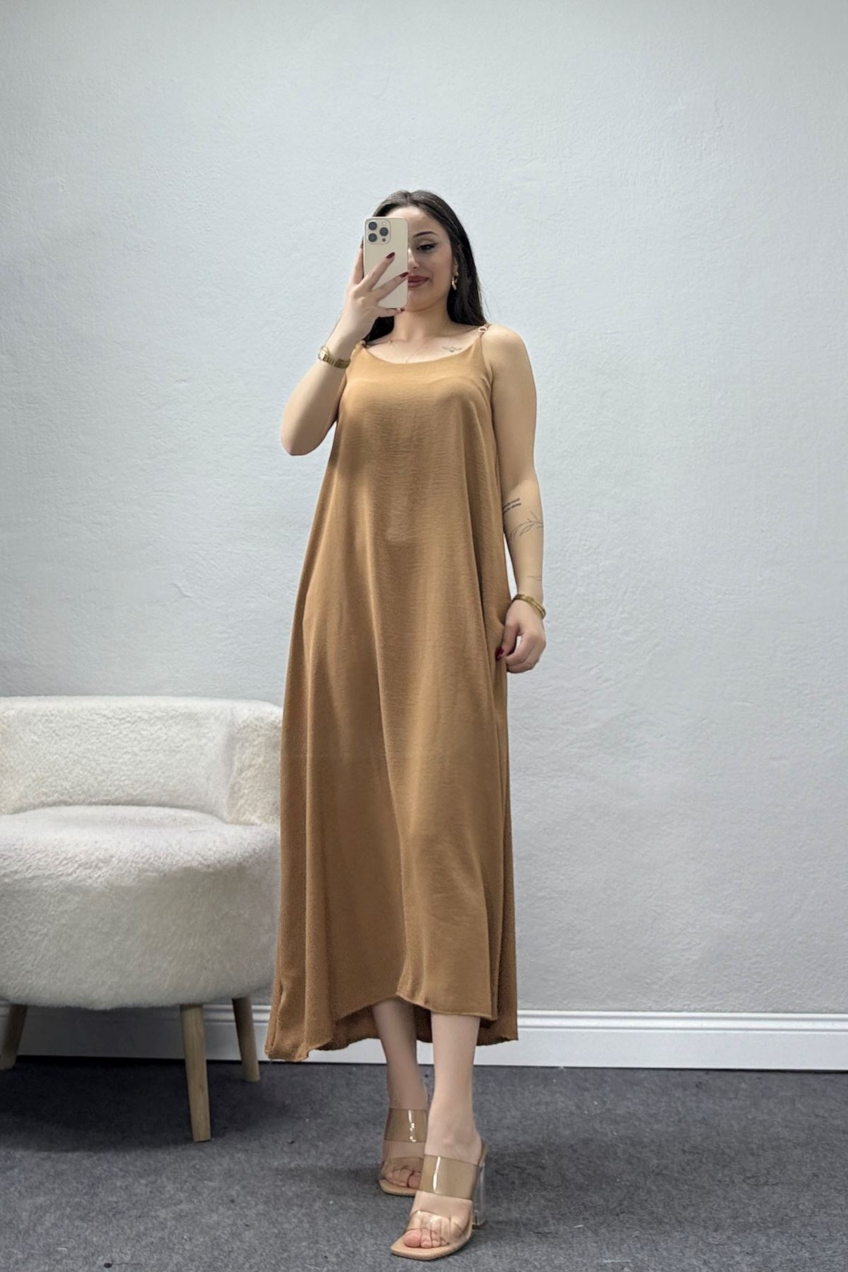 İp Askılı Ayrobin Kumaş Elbise Latte - 71288.2118.