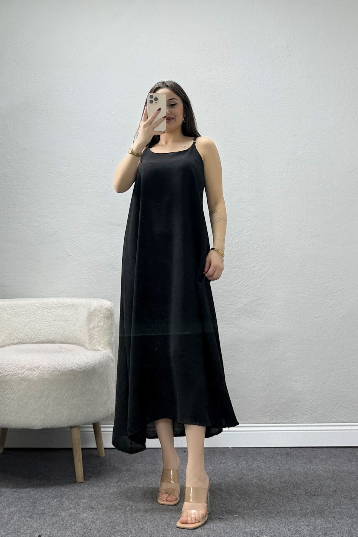 İp Askılı Ayrobin Kumaş Elbise Siyah - 71288.2118.