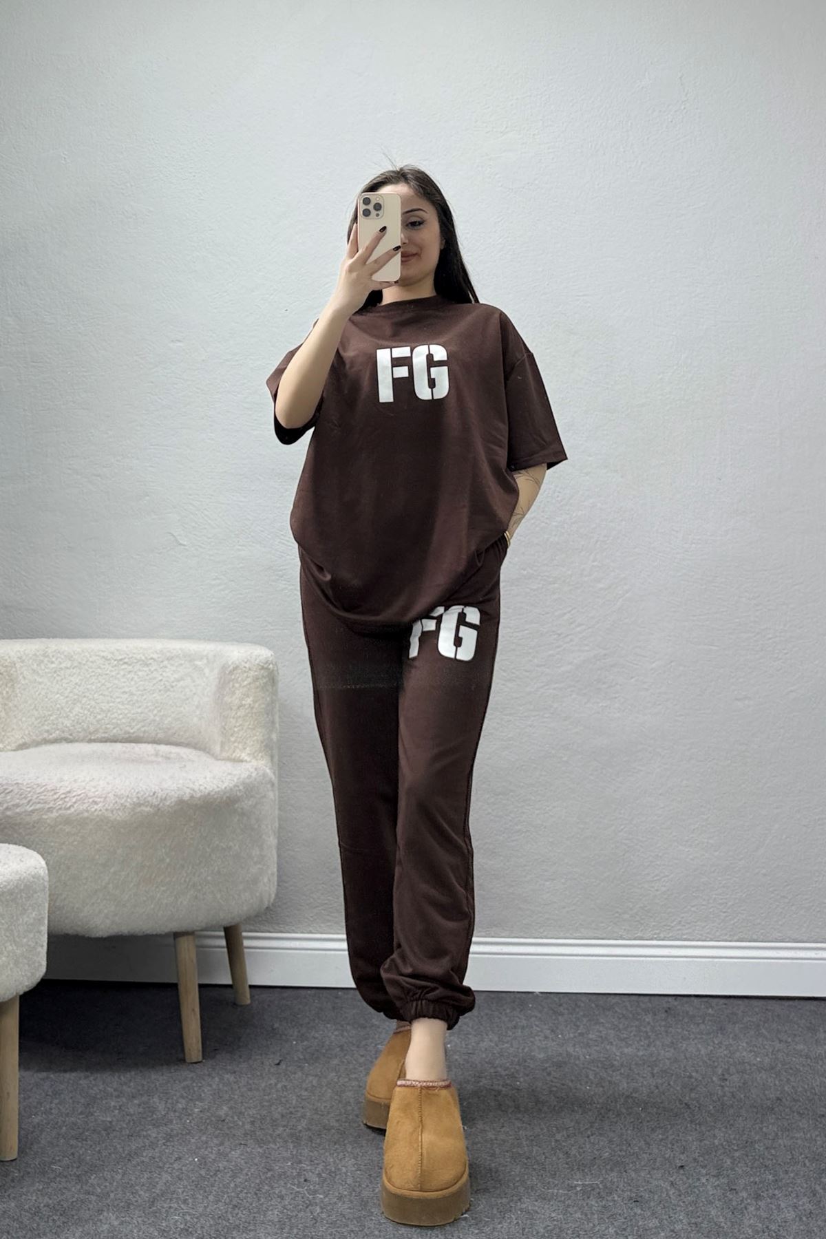 Baskılı Oversize İki İplik Wortex Takım Kahve - 80316.1878.