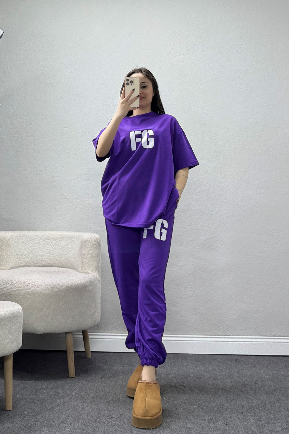 Baskılı Oversize İki İplik Wortex Takım Mor - 80316.1878.