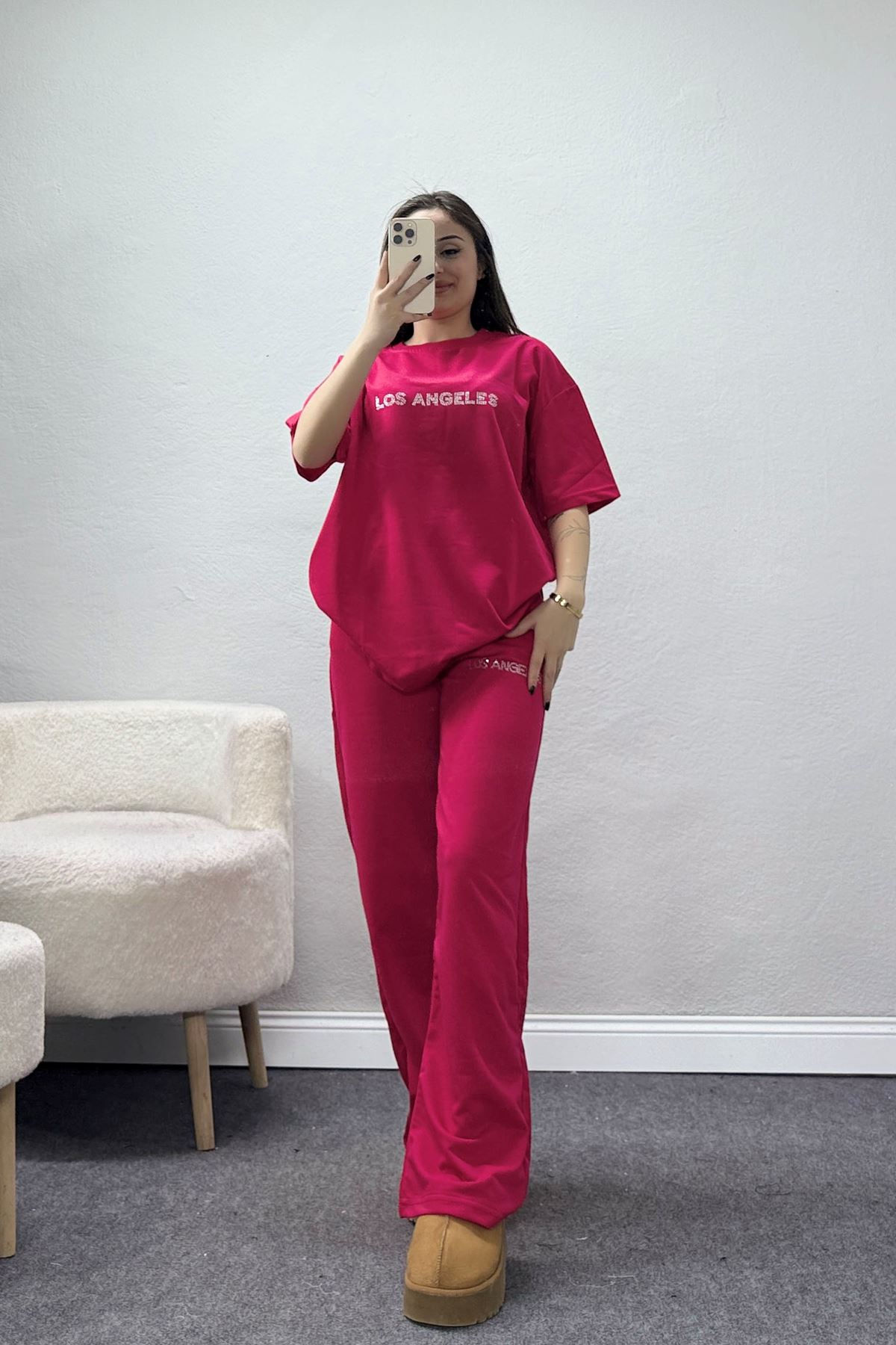 Taş Baskılı Palazzo 2 İplik Wortex Takım Fuşya - 80321.1878.