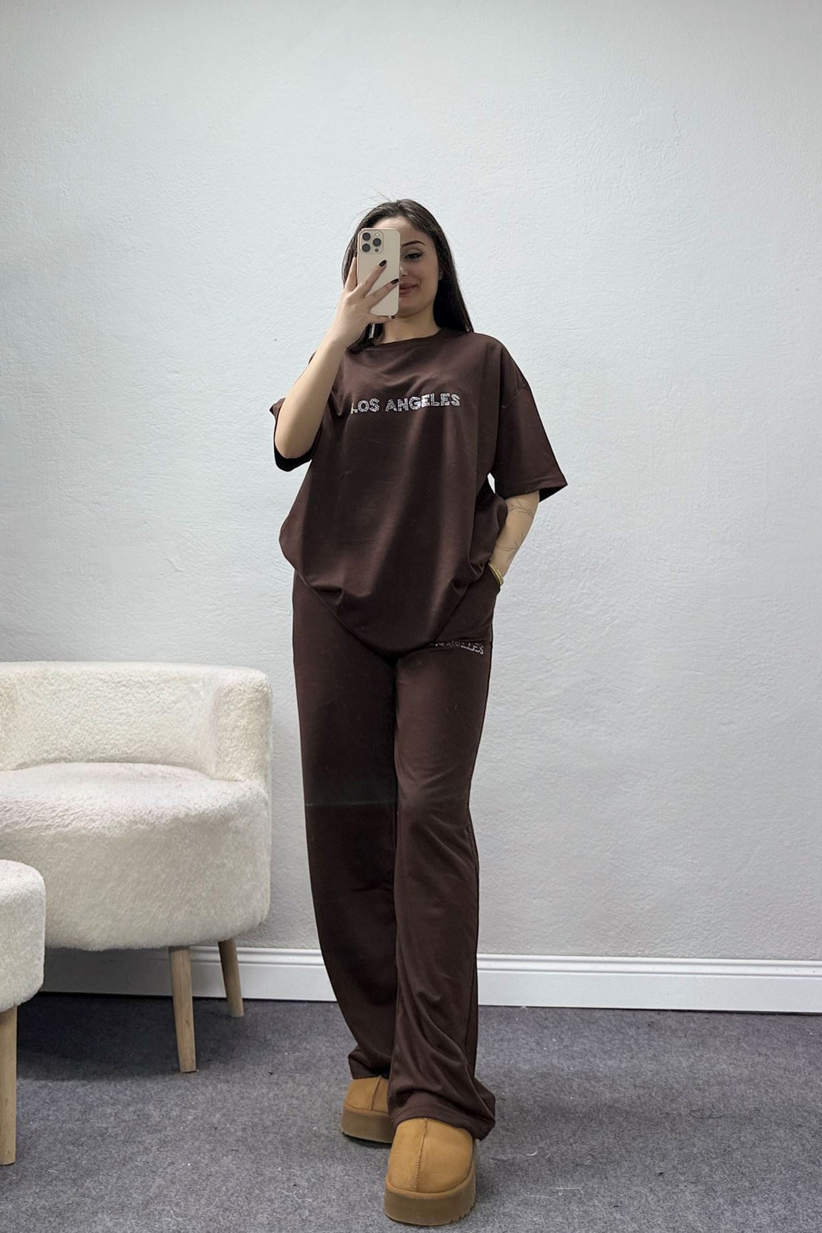 Taş Baskılı Palazzo 2 İplik Wortex Takım Kahve - 80321.1878.