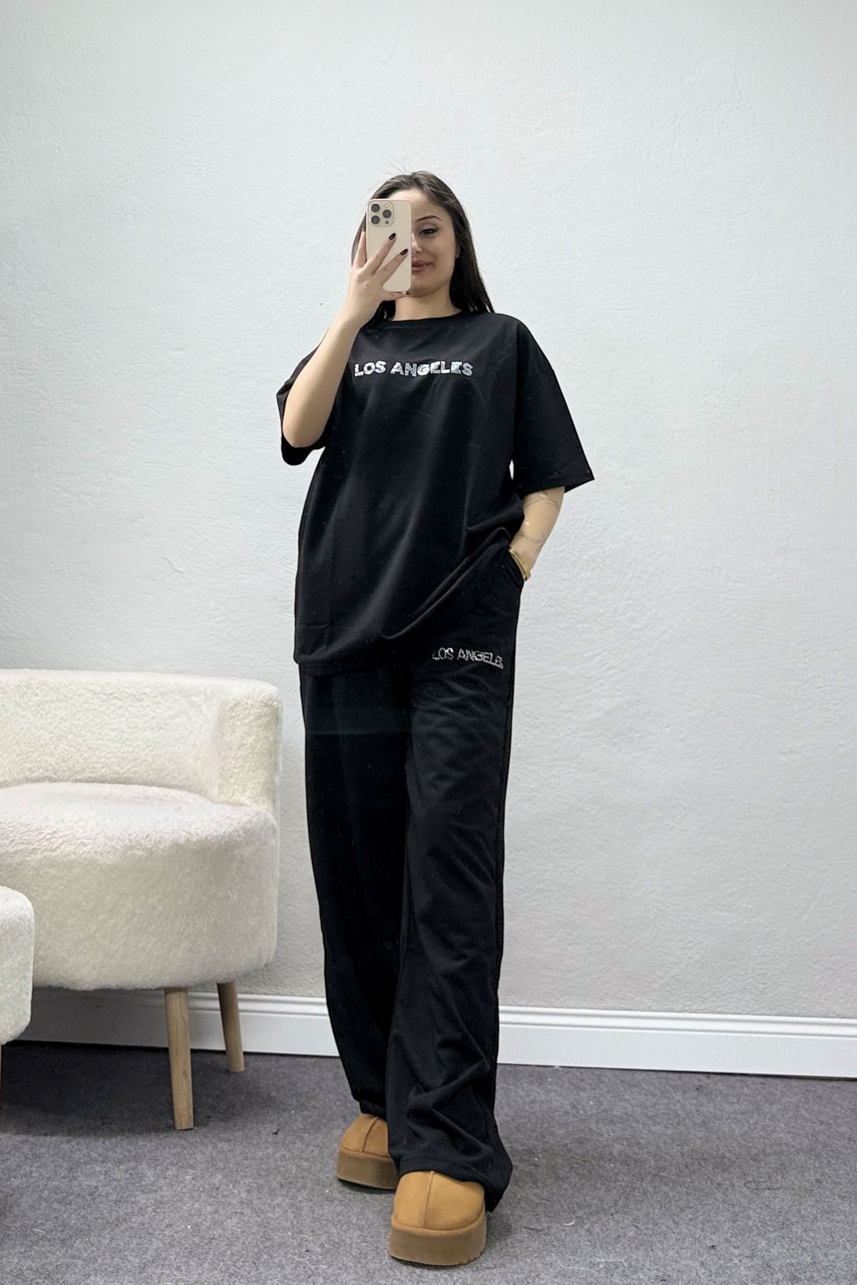 Taş Baskılı Palazzo 2 İplik Wortex Takım Siyah - 80321.1878.