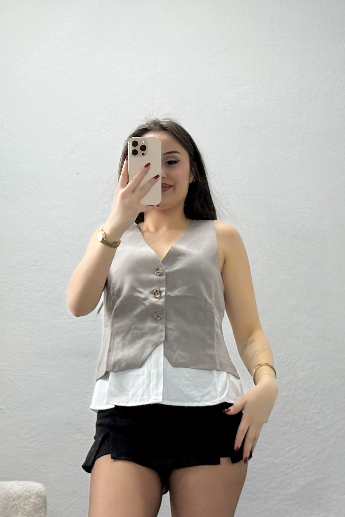 Poliviskon Gömlek Detaylı V Yaka Yelek Gri - 7976.1437.