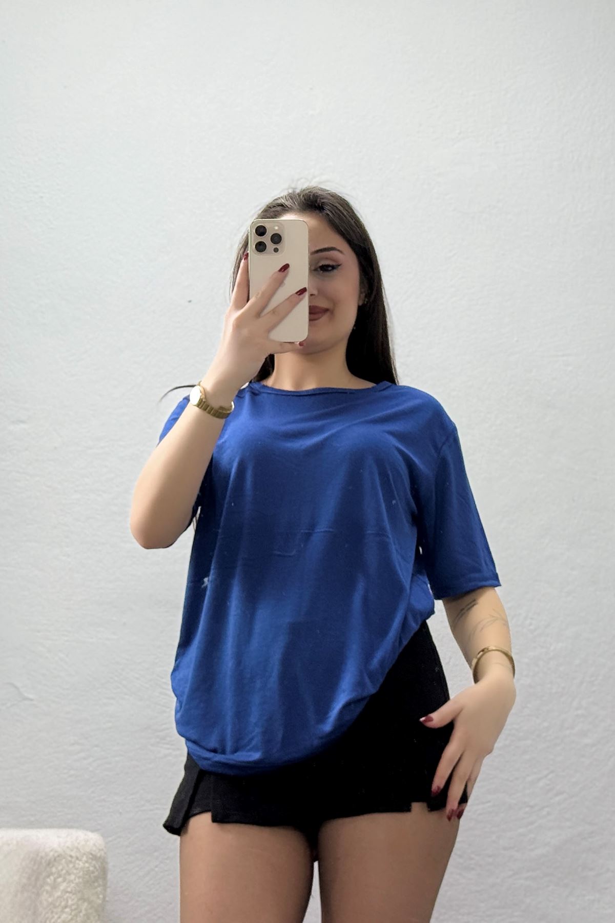 Bisiklet Yaka Kısa Kollu Viskon Bluz Mavi - 71488.599.