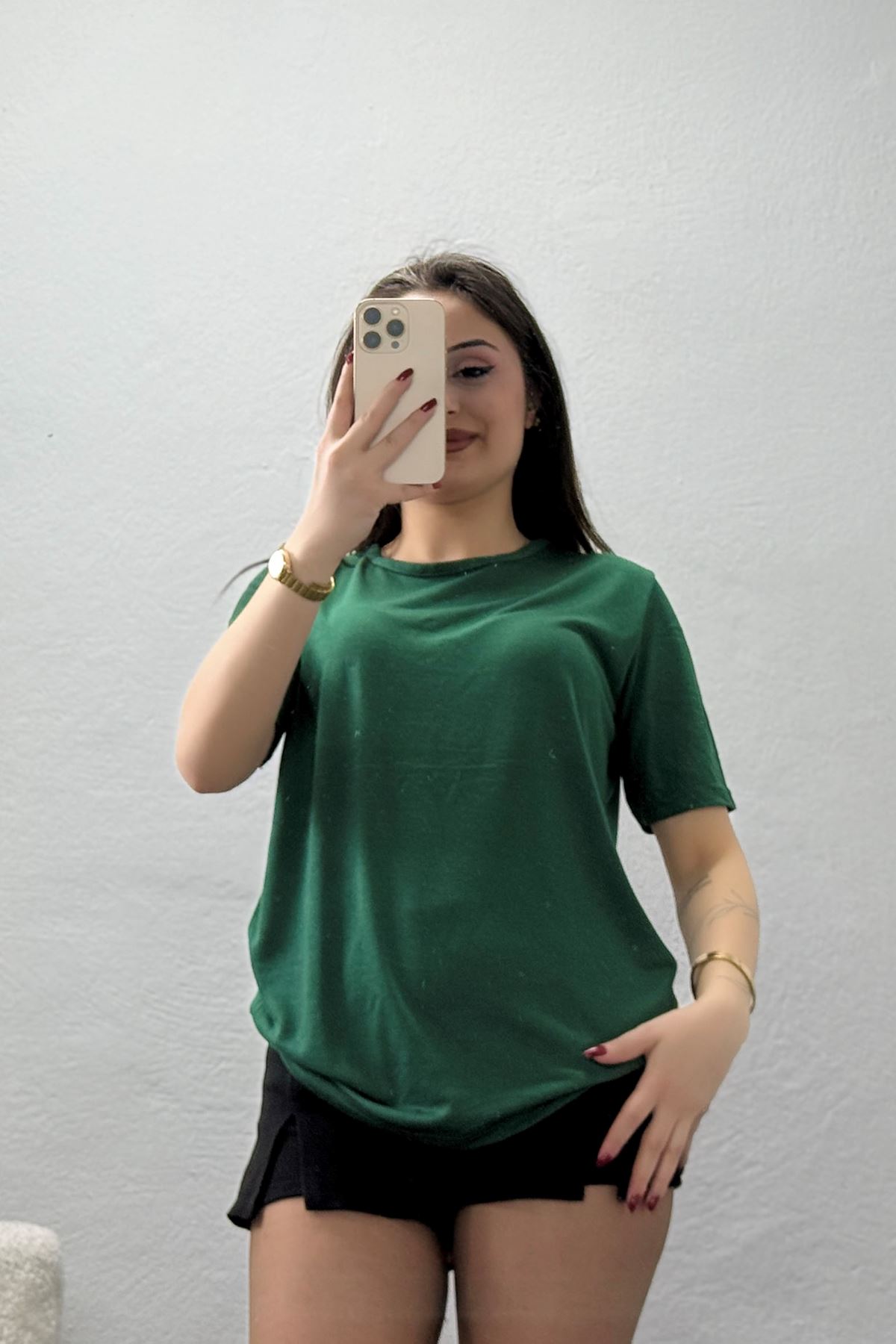 Bisiklet Yaka Kısa Kollu Viskon Bluz Zümrüt - 71488.599.