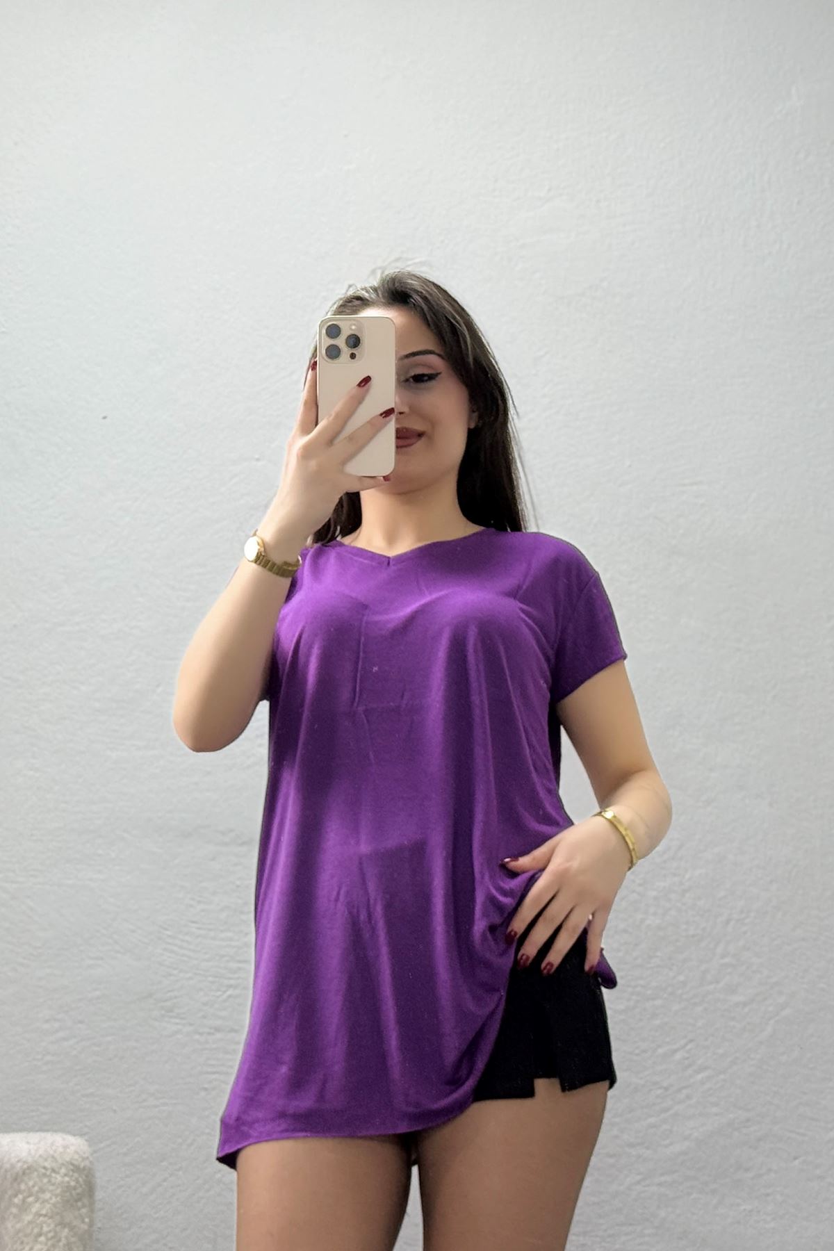 V Yaka Kısa Kollu Viskon Bluz Mor - 71489.599.