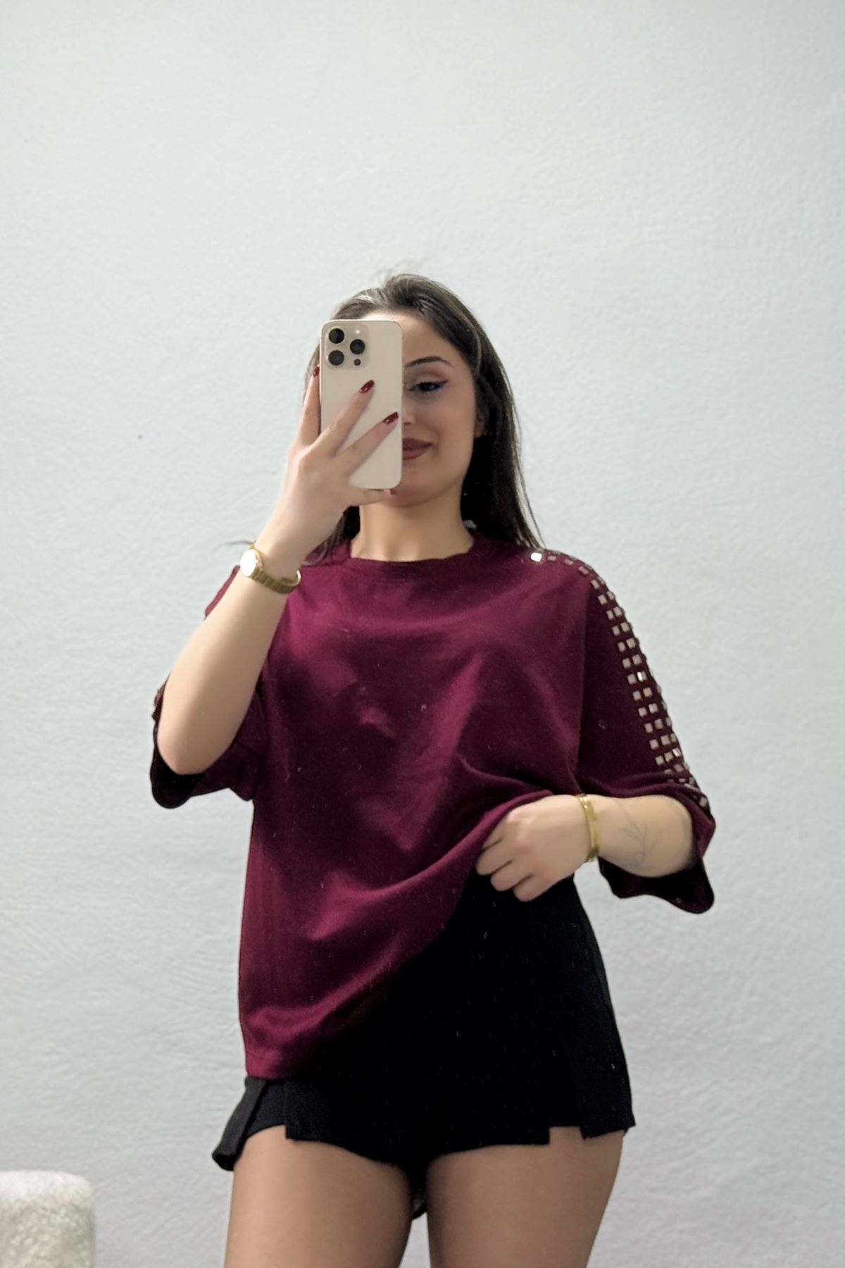 Modal Kumaş Metal Taş Detaylı Bluz  Bordo - 71491.1567.