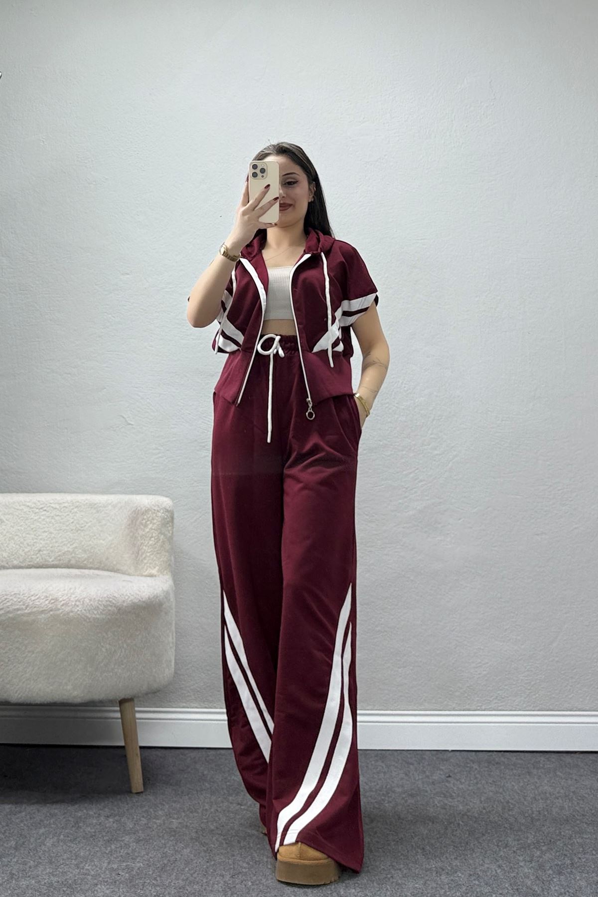 Şeritli 2 İplik Fermuarlı Eşofman Takımı Bordo - 52263.1857.