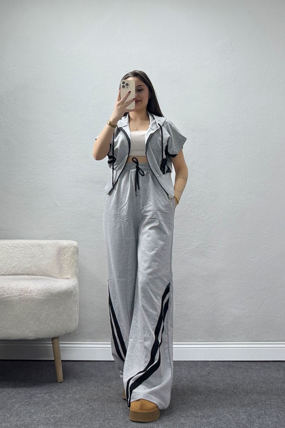 Şeritli 2 İplik Fermuarlı Eşofman Takımı Gri - 52263.1857.