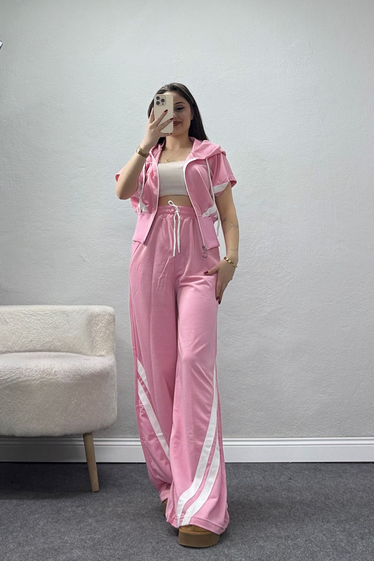 Şeritli 2 İplik Fermuarlı Eşofman Takımı Pembe - 52263.1857.