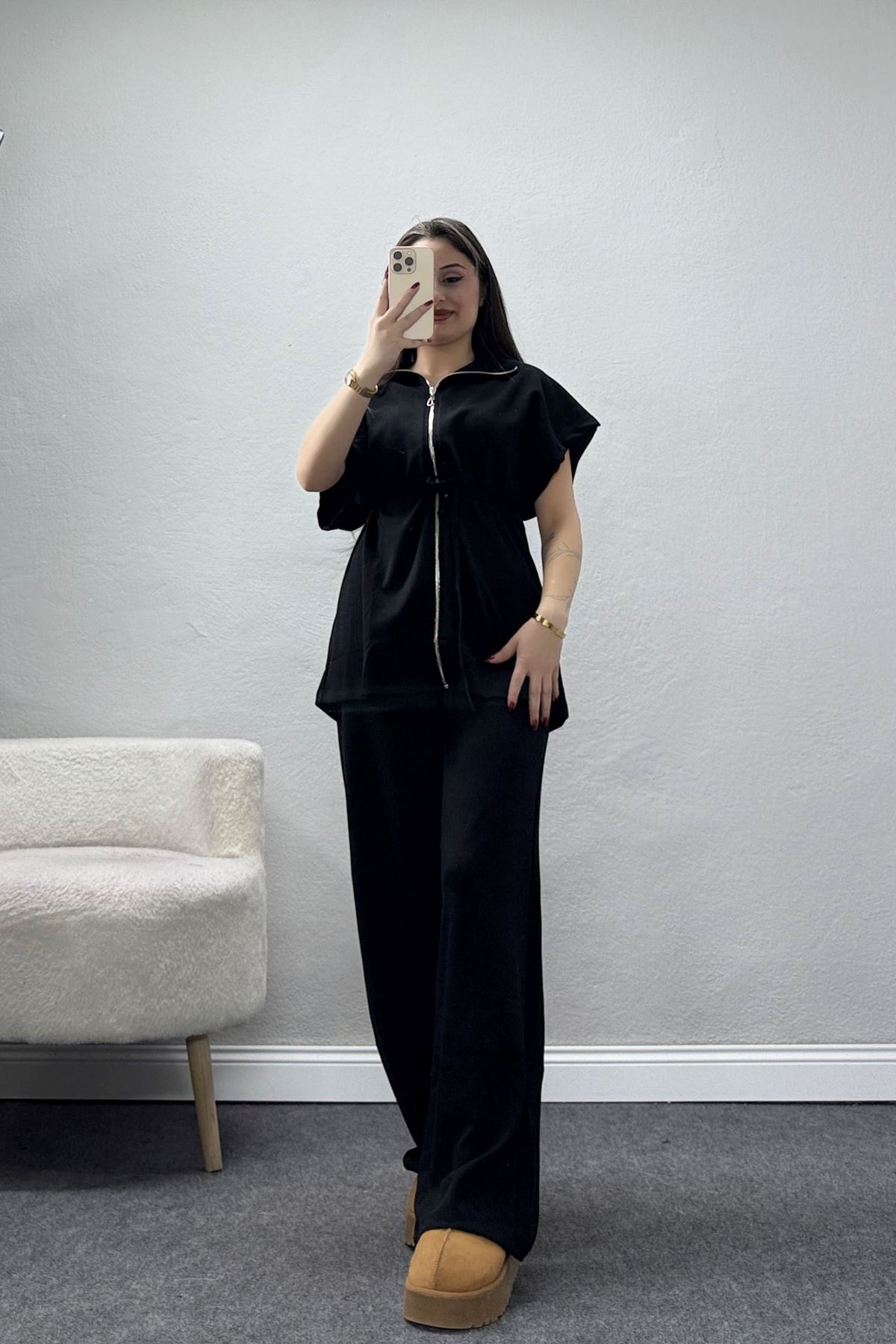 Örme Dokuma Fermuarlı Bağçık Detaylı Takım Siyah - 55133.701.