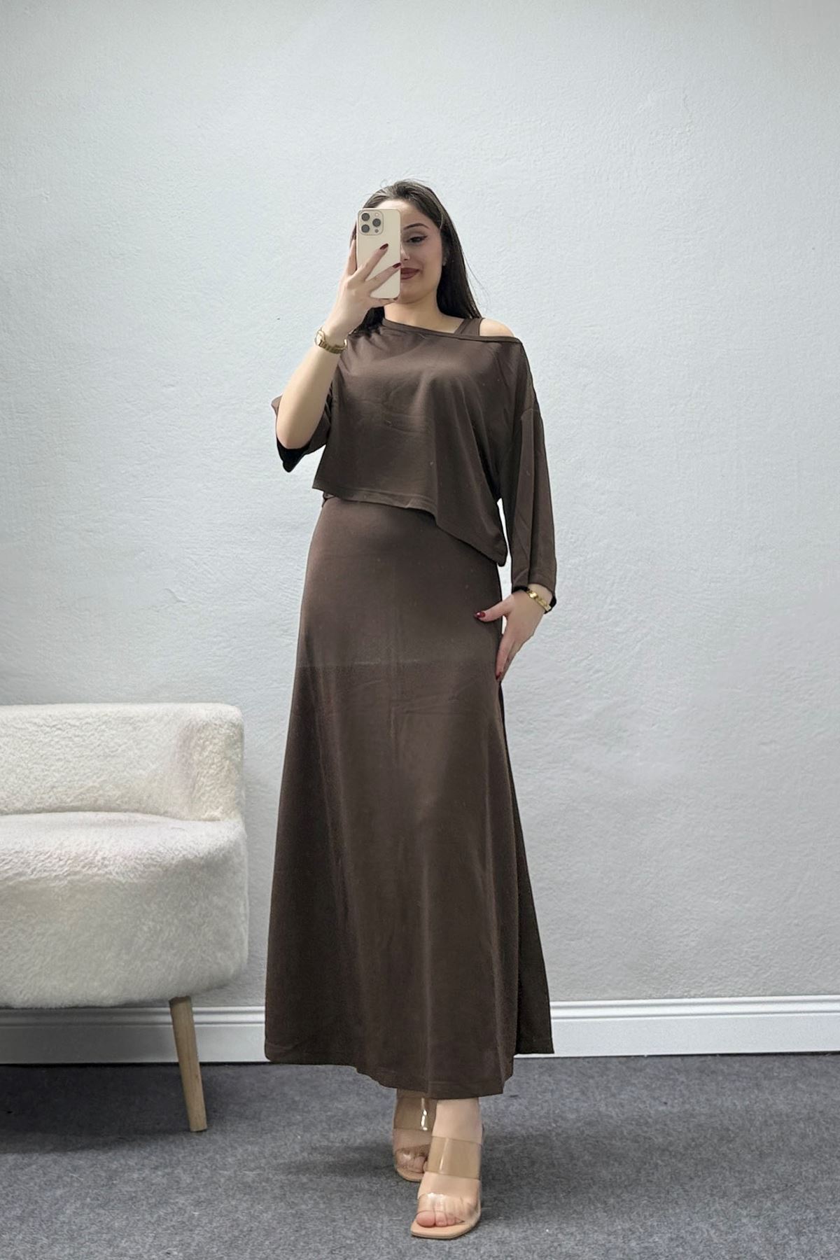 Örme Modal İçli Dışlı Elbise Takım Acıkahve - 71333.1567.