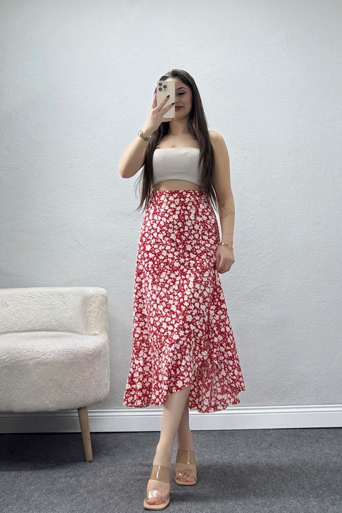 Fırfırlı Yırtmaçlı Etek Kırmızı - 16698.1355.