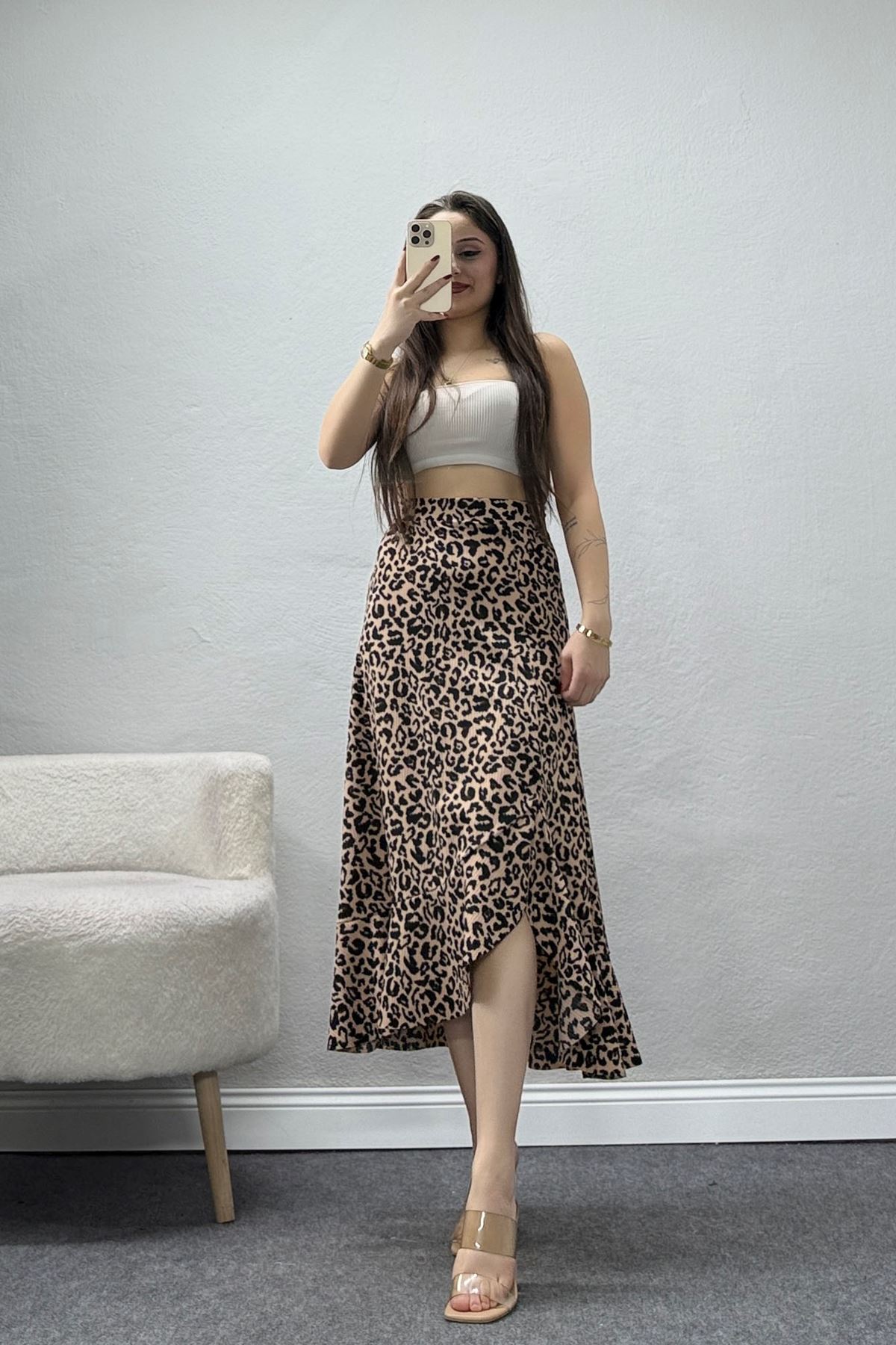 Fırfırlı Yırtmaçlı Etek Leopar - 16698.1355.