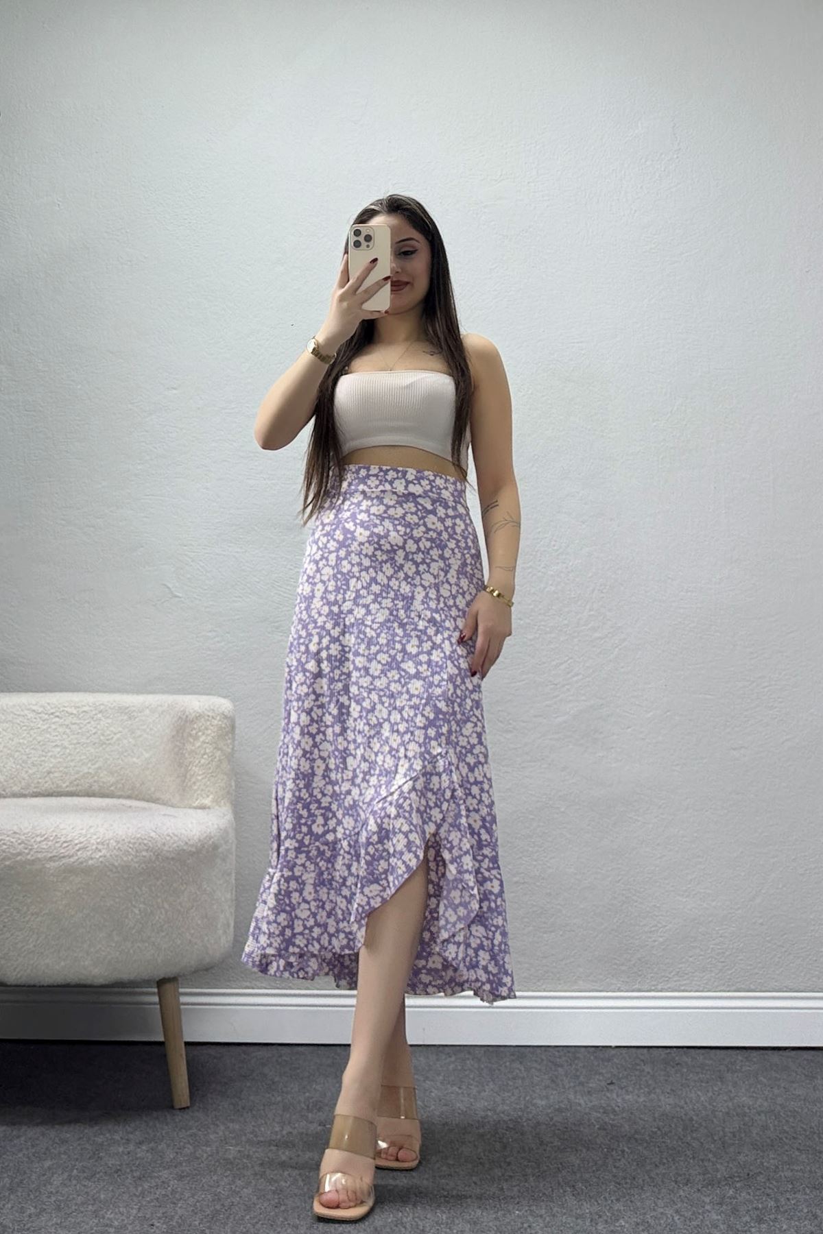 Fırfırlı Yırtmaçlı Etek Lila - 16698.1355.