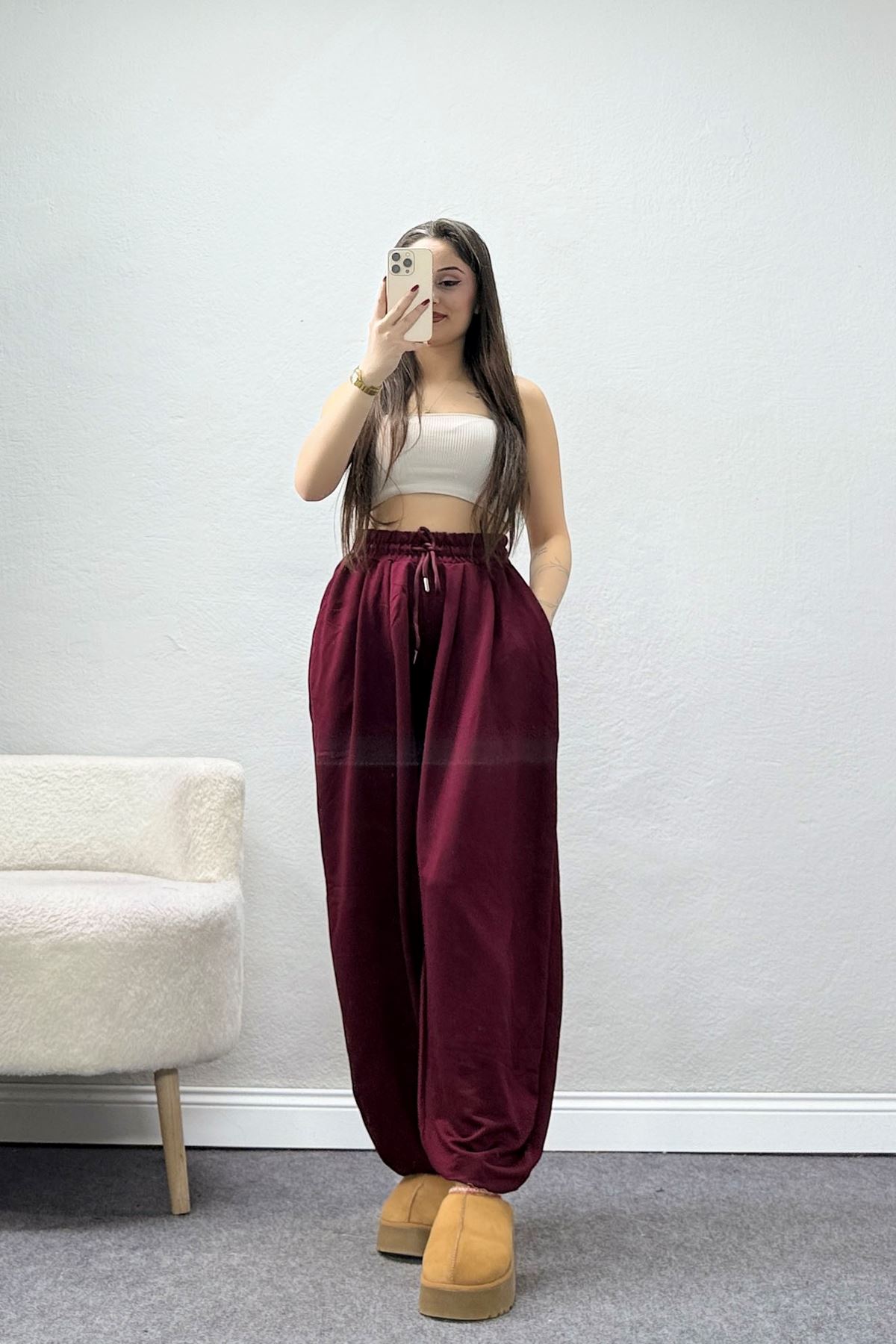 Kristal Kumaş Şalvar Eşofman Altı Bordo - 42924.102.