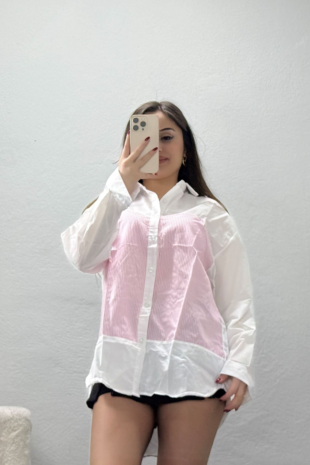 Çizgi Desen Terikoton Gömlek Pembe - 32535.2111.