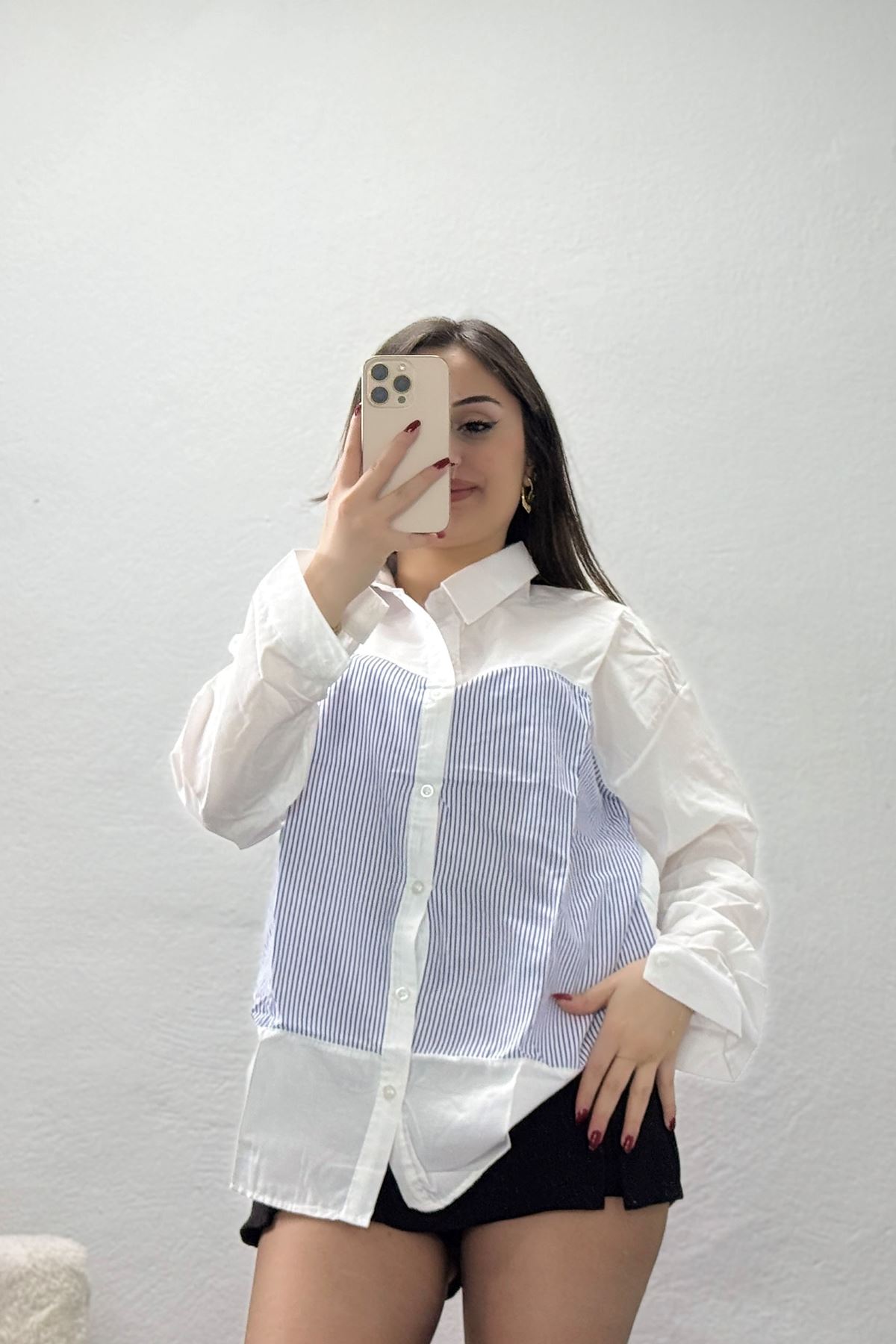 Çizgi Desen Terikoton Gömlek Saks - 32535.2111.