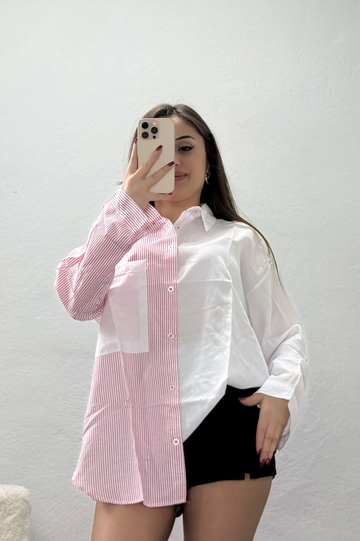 Çizgi Desen Terikoton Gömlek Pembe - 32568.2111.