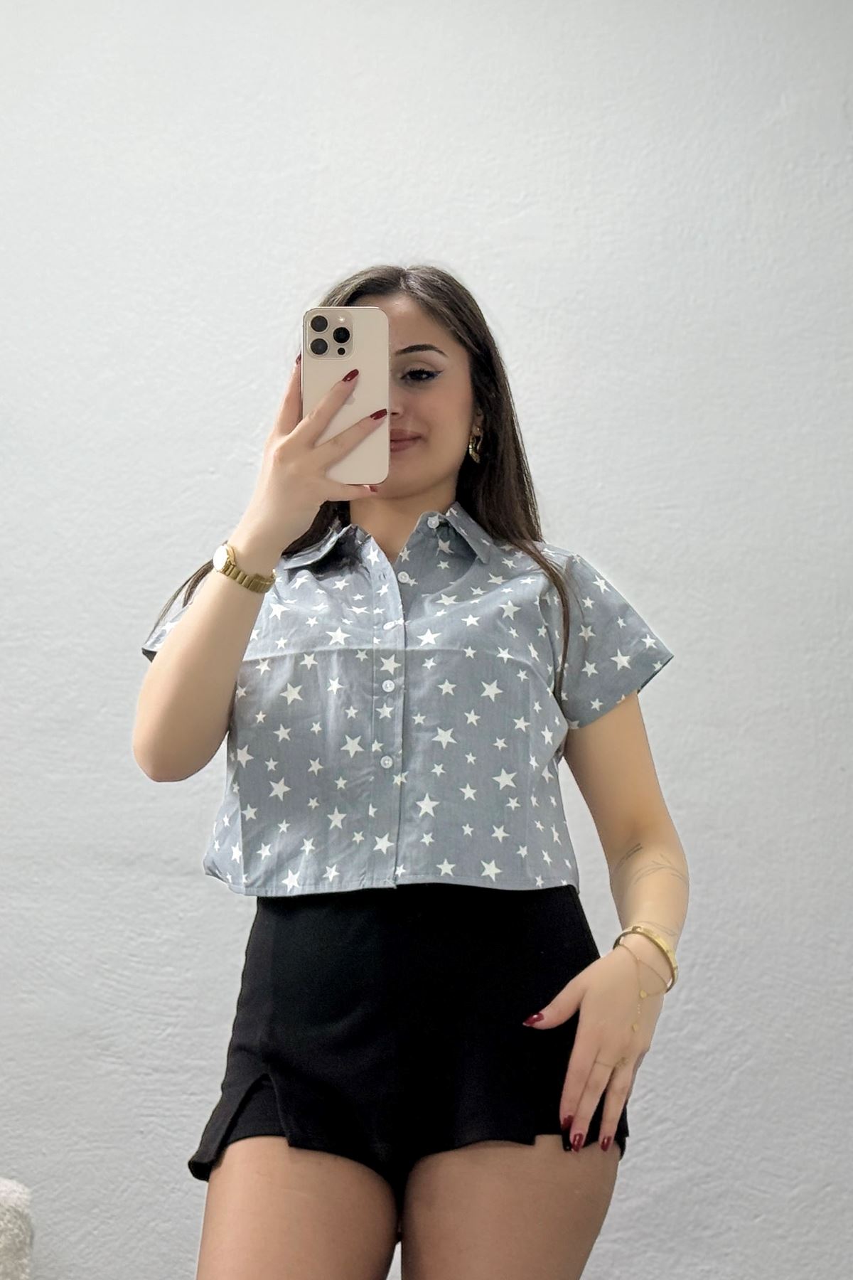 Yıldız Desenli Poplin Gömlek Gri - 44020.2131.