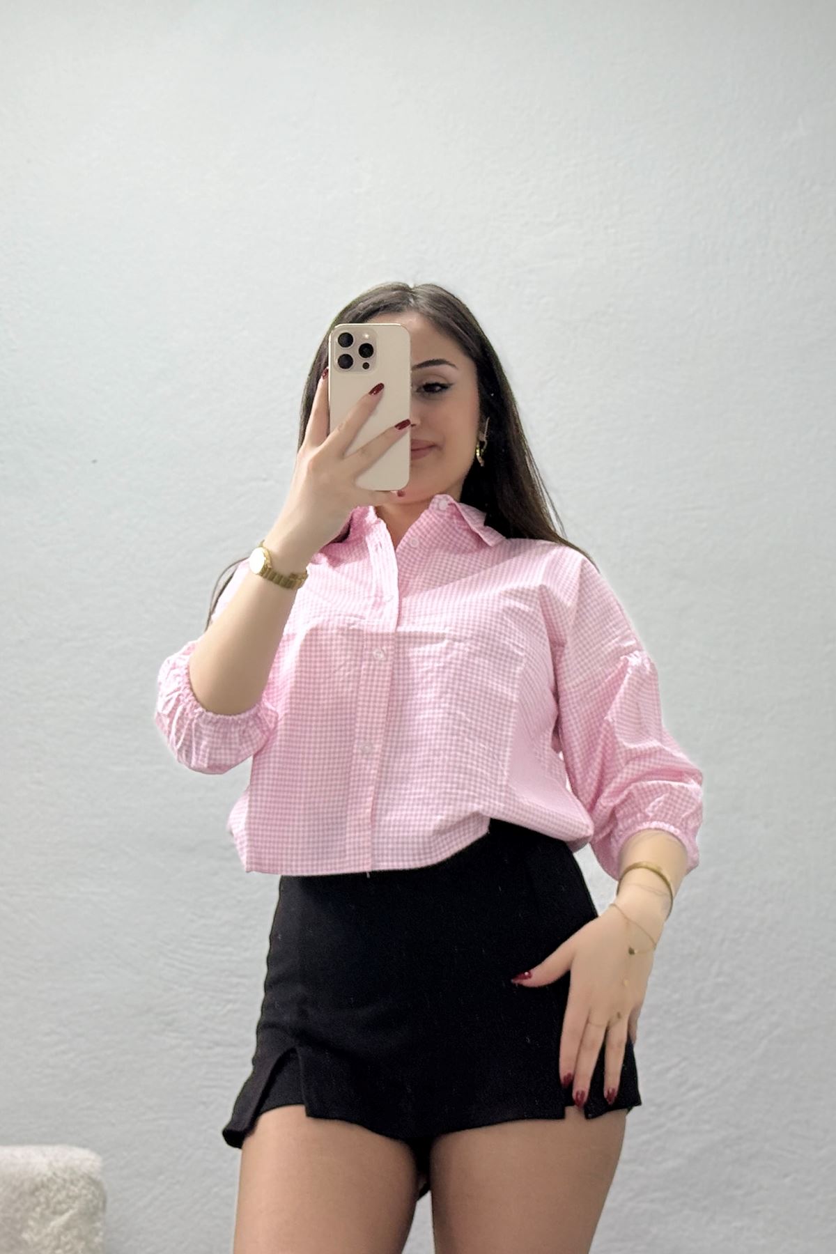 Poplin Kumaş Kareli Gömlek Pembe - 44021.2131.