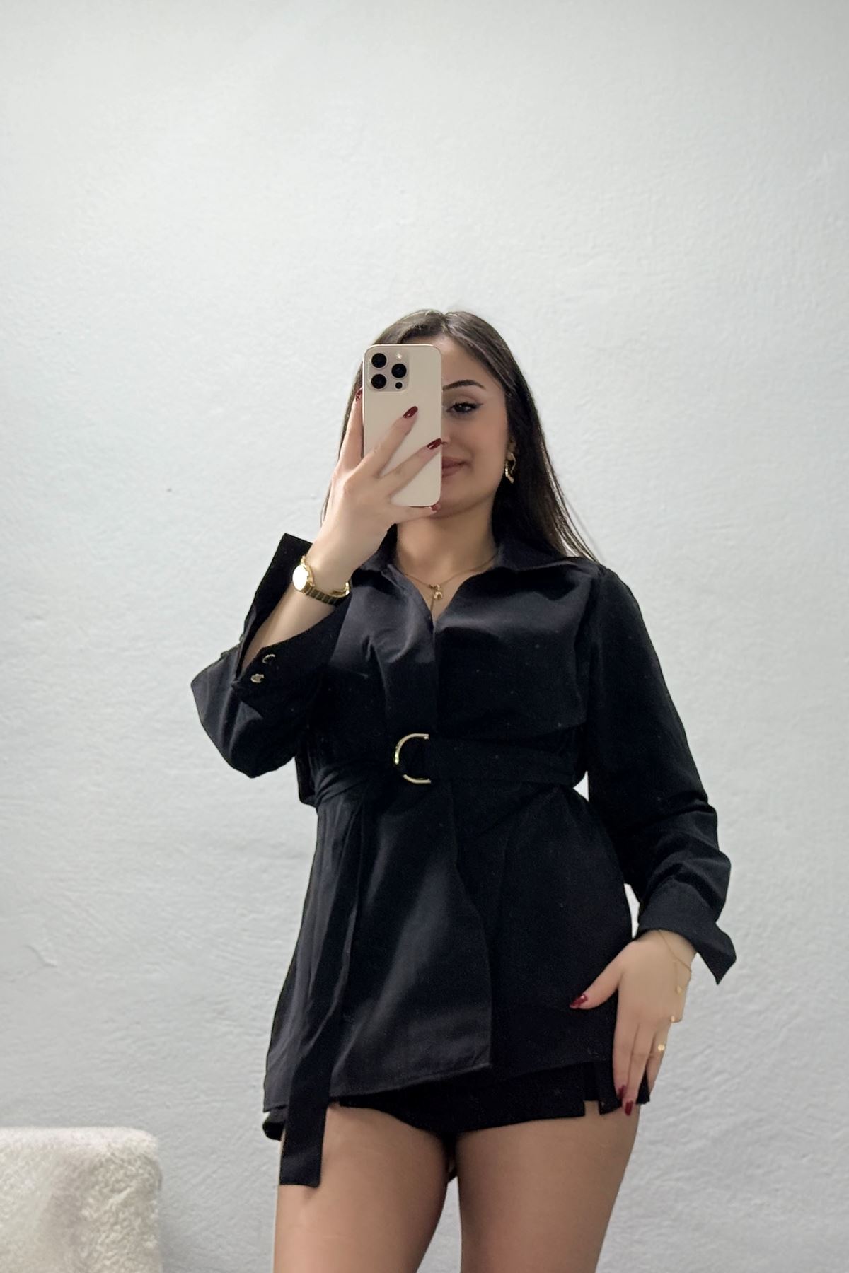 Kemerli Terikoton Gömlek Siyah - 44032.2111.