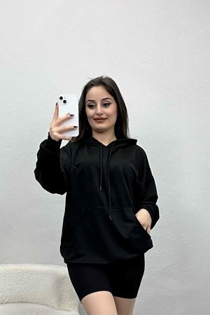 2 İplik Kapşonlu Kanguru Cepli Sweat Siyah - 30090.1878.