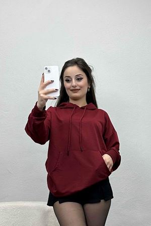 2 İplik Kapşonlu Kanguru Cepli Sweat Bordo - 30090.1878.
