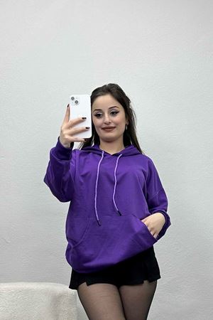 2 İplik Kapşonlu Kanguru Cepli Sweat Mor - 30090.1878.