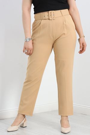 Büyük Beden Kemerli Kumaş Pantolon Bisküvi - 30371.1397.