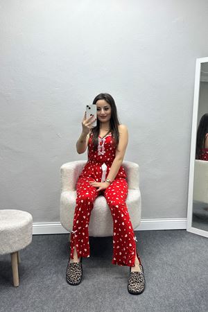 Milan Kumaş Paçası Yırtmaçlı Pijama Takımı Kırmızıkalp - 50146.1857.