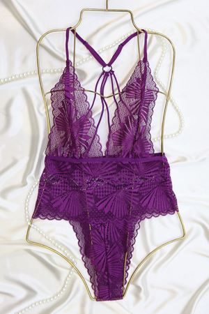 Sırtı İp Detaylı Dantelli Bodysuit  Mor - 3055.1364.