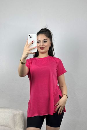 Yanı Yırtmaçlı Bisiklet Yaka Tunik Fuşya - 70118.1878.