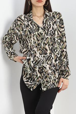 Desenli Oversize Dokuma Gömlek Yeşilbej - 1802.1095.