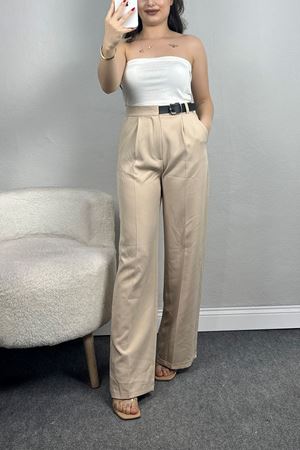 Double Kumaş Kemerli Palazzo Pantolon Taş - 30760.1397.