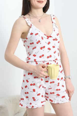 Fırfır Askılı Süprem Şortlu Pijama Takımı Kırmızıkiraz - 50199.1857.