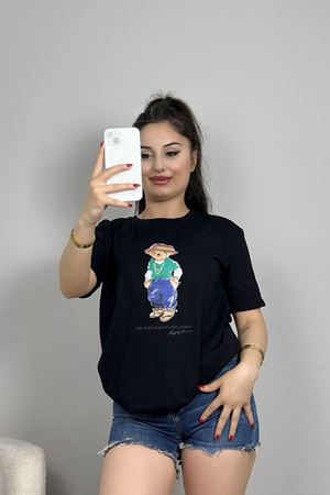 Baskılı Bisiklet Yaka Lüks Penye Tişört Siyah - 90911.1878.