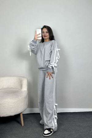 Özel Tasarım İki İplik Kurdele Detay Eşofman Takım Gri - 70164.1857.