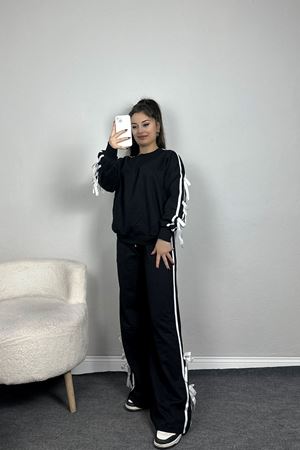 Özel Tasarım İki İplik Kurdele Detay Eşofman Takım Siyah - 70164.1857.