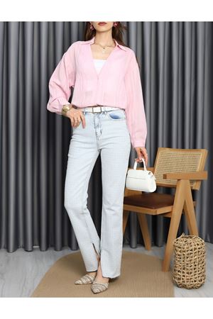 V Yaka Çizgi Detaylı Gömlek Pembe - 41546.444.